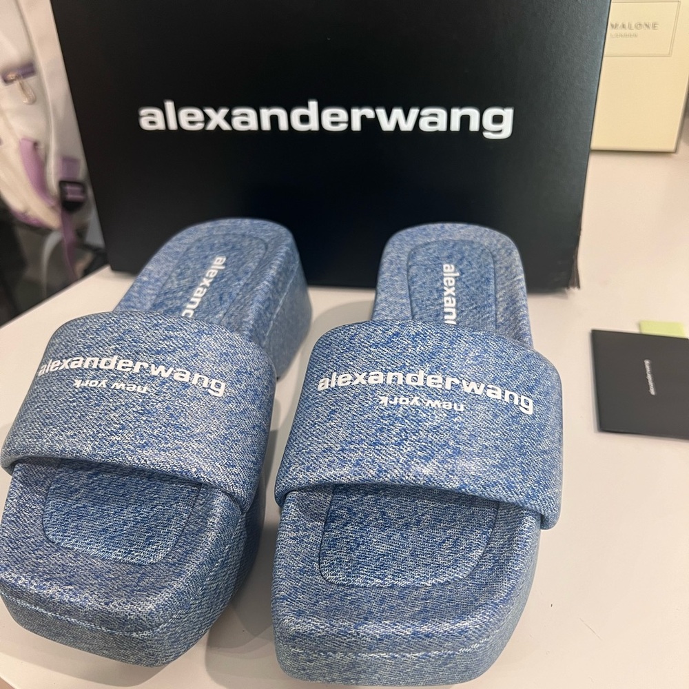 Alexander Wang Float Denim Leather Platform Slides Size 38 - Picture 2 of 8